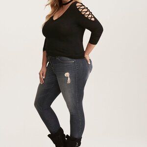 TORRID GOTH WICCA SOFT BLACK LATTICE LONG SLEEVE V-NECK TOP SHIRT 2 2X 18 20